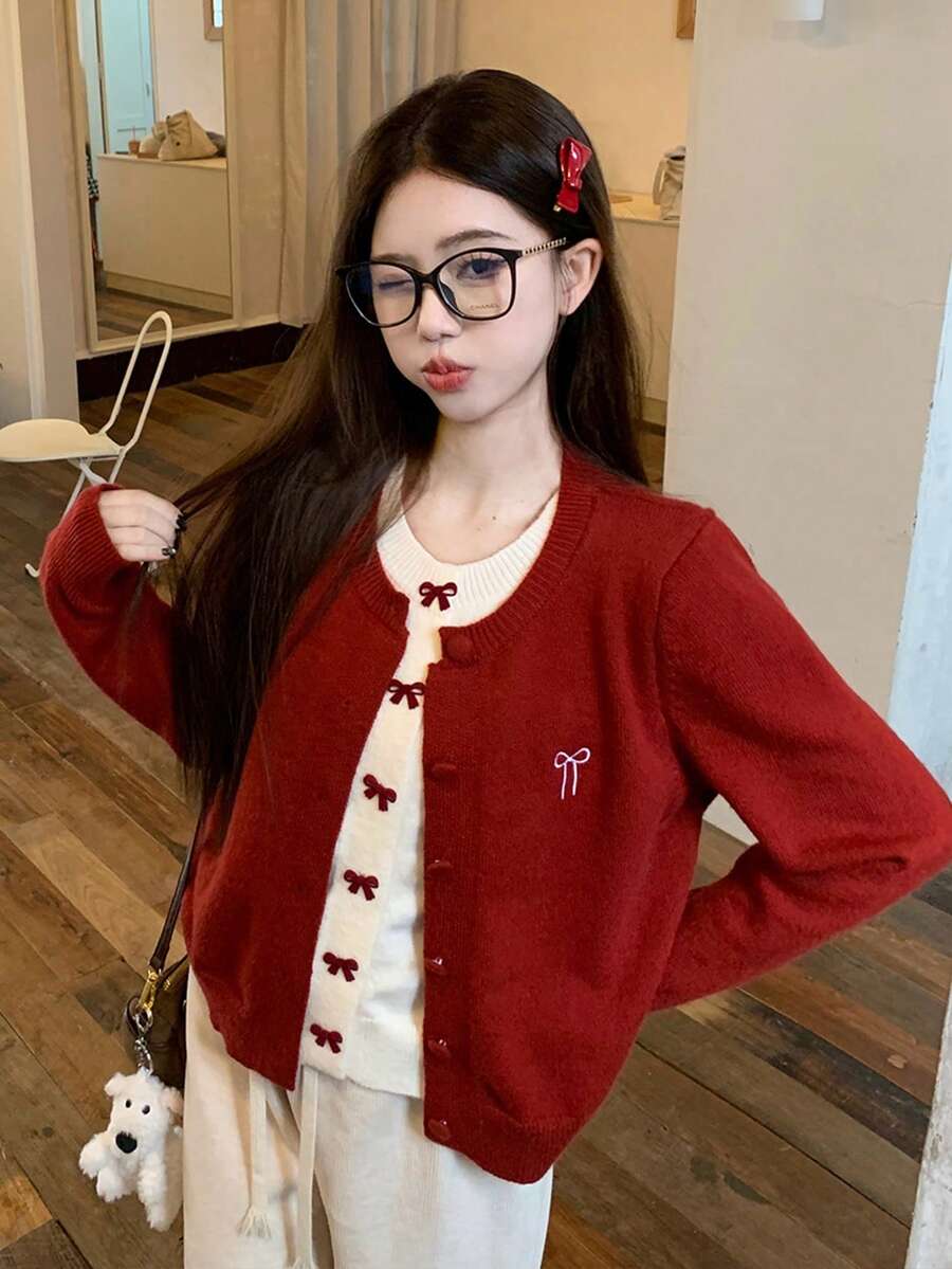 韩版蝴蝶结设计红色针织开衫女款甜美青春秋冬新款 - 紅色 - 查看 1