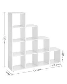 Bibliothèque à 10 Compartiments, Étagère avec Casiers Ouverts, Meuble de Rangement, pour Décorations, Cadres Photos, Salon, Chambre, Bureau, 29 x 129,5 x 129,5 cm,  Blanc - Blanc - Voir 9
