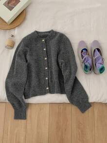 Plain Crew Neck Single-Breasted Long Sleeve Soft Knit Cardigan - Dark Grey - View 11