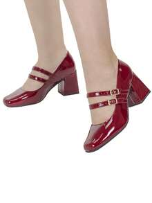 Loris Shoes Oficial Women's Doll Pump Shoe With 2 Buckles Glossy Varnish Thick Block Heel 2861 - Véc ni Marsala - Xem 8