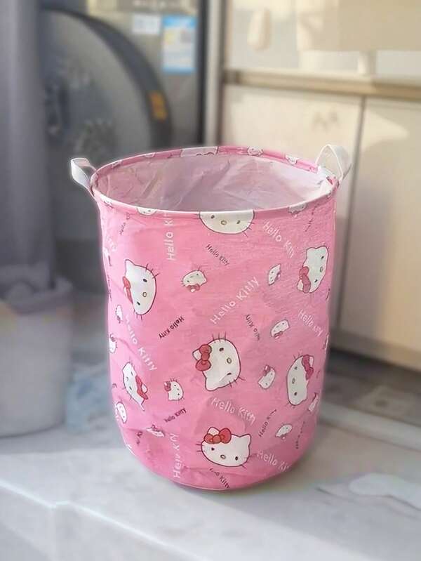 Sanrio Cesto de ropa redondo con asas de Hello Kitty, cesto plegable de poliéster para almacenamiento de ropa para el dormitorio, estilo casual, compatible con múltiples habitaciones, cesto de lavandería, cesto de lavandería para el hogar