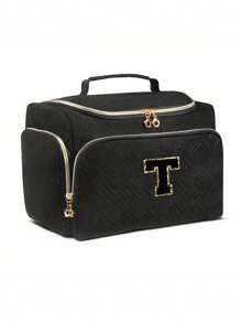 1pc Black Polyester Travel Toiletry Bag With Handle - Alphabet Pattern, Wet/Dry Separation, Machine Washable, Portable Makeup Organizer For Both Men & Women, Ideal Gift For Family & Friends, Daily Cosmetics Storage, Fashionable Makeup Case, Practical Design, Fabric, Must-Have For Frequent Travelers
