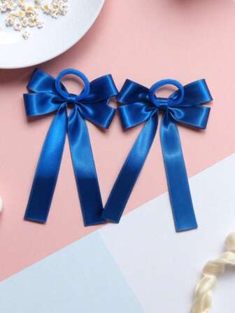 2pcs Set Girls Simple Blue Fabric Layered Bow Hair Scrunchies, Elastic Hair Ties Suitable For School, Versatile And Damage-Free, Bow Accessories, Hair Tie ,Hair Accessories, Ponytail Holders, Hair Elastics, Hair Rubber Bands, Hair Bobbles ,Gifts ,Hair Rope Hairbands