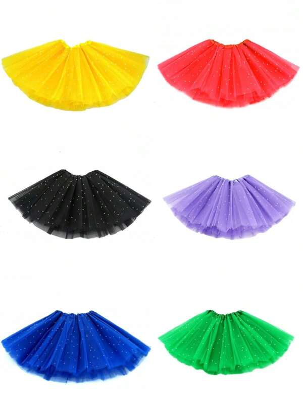 1pc Glittering Solid 3-8 Years Old Girls Princess Puff Skirt, 3-Layer Tulle Short Performance Dance Dress