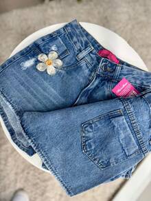 Women's MOM Jean Shorts With Embroidered Flower Detail, High Waist And Marbled Wash | No Elastane - 大理石紋 - 查看 7