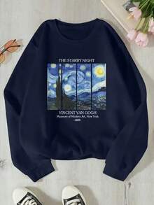 Crew Neck Sweatshirt With Van Gogh Print, New Model, Comfortable Flannel Sweatshirt - Navy Blue - View 1
