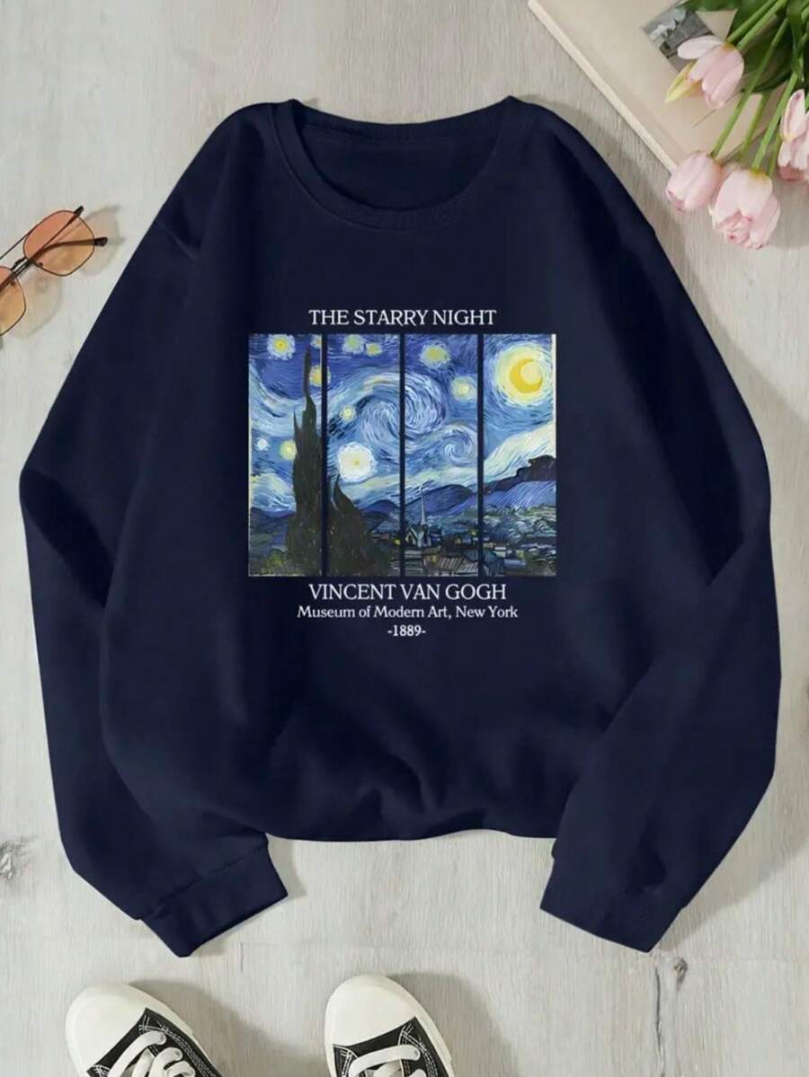 Crew Neck Sweatshirt With Van Gogh Print, New Model, Comfortable Flannel Sweatshirt - Navy Blue - View 1