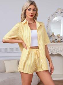 2pcs Spring/Summer Beach Vacation Casual Striped Short Sleeve Shirt With Turndown Collar And High Waist Drawstring Shorts Set, Lounge Wear & Outerwear