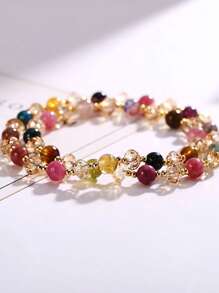 Modisches Armband mit doppelter Lage Kristall-Perlen, elegantes retro stapelbares Armband Schmuckdesign (Zufallsfarbe)