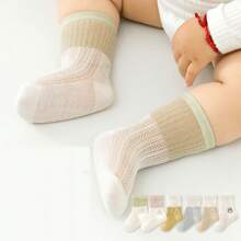 5 Pairs Assorted Newborn Baby Socks, Summer Thin Mesh Mid-Calf Breathable Socks For Infants Under 1 Year Old, Pure Cotton