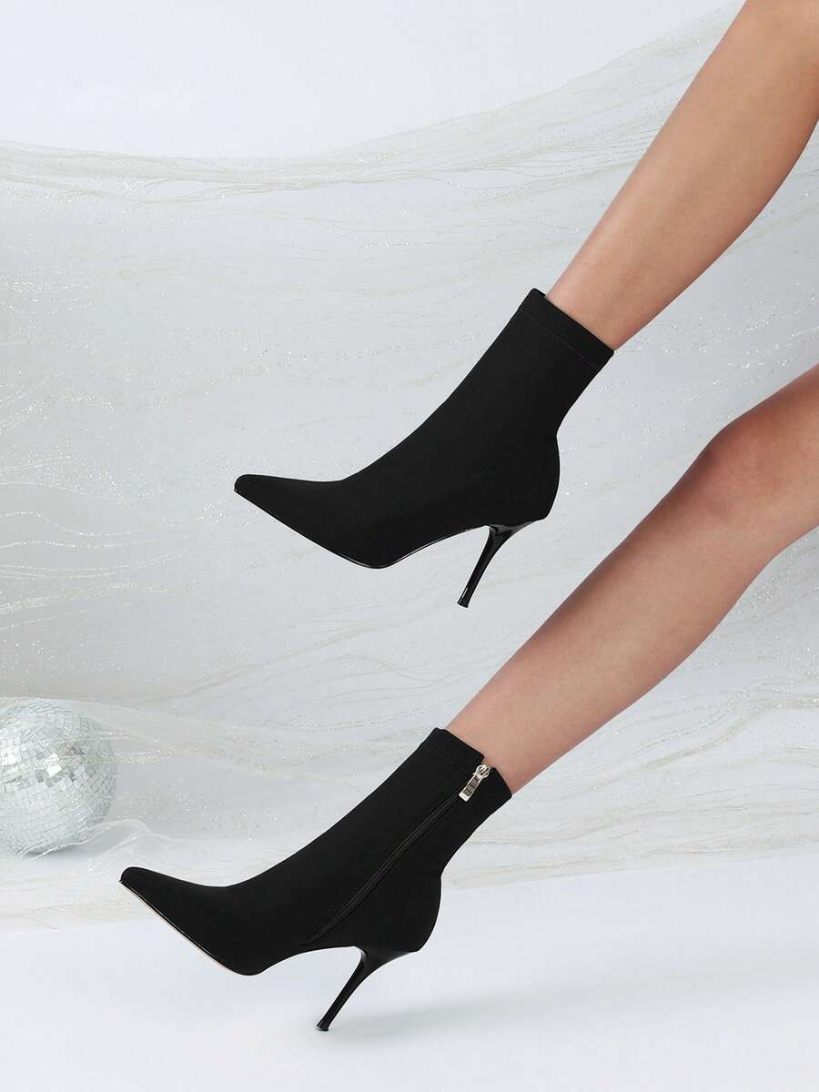 Classic Black Pointed Toe Thick High Heel Ankle Boots For Women, Fashionable, Versatile, Elegant, Ladder Design, Non-Slip Sole, Suitable For Halloween, Wedding, Holiday Season, Autumn/Winter - Black - View 1