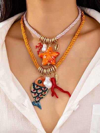 1pc Summer Ocean Style Starfish Pendant Red Coral Necklace, Handmade Ceramic Seashell Necklace With Sea Elements Charms, Chunky Cord Necklace Suitable For Beach, Seaside Travel (Color And Shape May Vary)