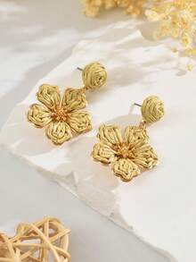1 Pair Handmade Woven Rattan Colorful Floral Boho Style Earrings, Unique Design Minimalist High-End Floral Tassel Earrings Suitable For Women's Daily, Vacation, Party Wear (Handmade With Minor Imperfections) - Khaki - View 2