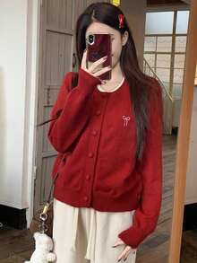 韩版蝴蝶结设计红色针织开衫女款甜美青春秋冬新款 - 紅色 - 查看 5