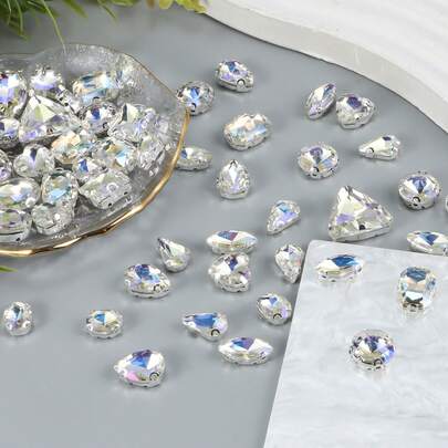 50pcs Aurora White Glass Crystal Claw Rhinestones, DIY Apparel Accessories Materials, Glass Gems Metallic Claws Sewn On Rhinestones Mixed Shapes, Craft Jewelry Decoration