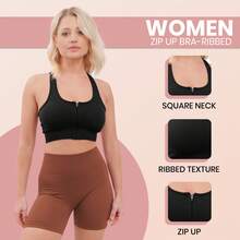 LoveMyFashions Zip Front Fastening Sports Bra For Women Removable Pad Solid Color Zippered Workout Tops For Running Training Cycling Workout Post Surgery Bra