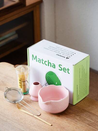 4pcs/Set Ceramic & Bamboo Matcha Whisk Set, Includes Bowl, Bamboo Whisk, Matcha Whisk, And Pink Embossed Cherry Blossom Bowl, Matcha Scoop And Ceramic Whisk Holder, Ceramic Travel Tea Set, Suitable For Japanese Matcha Tea Ceremony, Matcha Lovers, Home Tea Party, Wedding Gift, Mother's Day Gift, Gift For Mom, Gift For Girlfriend