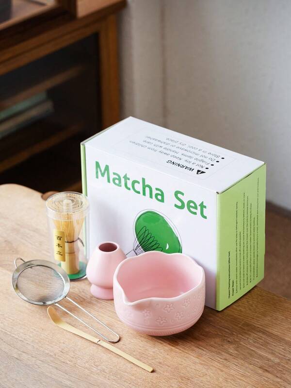 4 peças/conjunto Conjunto de Batedor de Matcha de Cerâmica e Bambu, inclui Tigela, Batedor de Bambu, Batedor de Matcha e Tigela com Estampa de Flor de Cerejeira Rosa Relevo, Colher de Matcha e Suporte de Batedor de Cerâmica, Conjunto de Chá de Viagem de Cerâmica, Adequado para Cerimônia de Chá Matcha Japonesa, Amantes de Matcha, Festa de Chá em Casa, Presente de Casamento, Presente do Dia das Mães, Presente para Mãe, Presente para Namorada