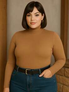 Women's Plus Size Blouse High Neck Sleeveless Ribbed Premium Autumn Winter - Màu nâu Sô-cô-la - Xem 4