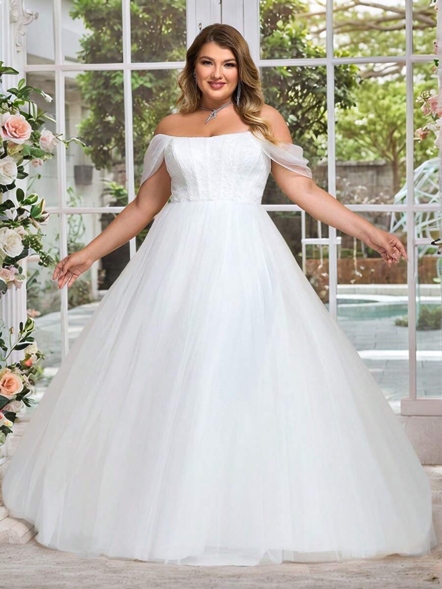 EVERPRETTY 优雅高贵露肩舞会礼服婚纱，适合订婚仪式、海滩婚礼、舞会派对 - 白色 - 查看 1