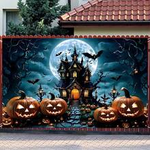 1pc Ghost Night Castle And Pumpkin Lantern Background Banner - Terrifying Bat And Full Moon Design, Suitable For Halloween Decoration, Day Of The Dead Decoration, Christmas, New Year, Autumn Decoration, Party Supplies, Party Decor, Indoor And Outdoor Garden And Courtyard Decoration - Multicolor - View 1