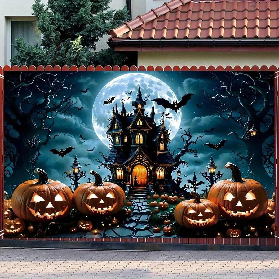 1pc Ghost Night Castle And Pumpkin Lantern Background Banner - Terrifying Bat And Full Moon Design, Suitable For Halloween Decoration, Day Of The Dead Decoration, Christmas, New Year, Autumn Decoration, Party Supplies, Party Decor, Indoor And Outdoor Garden And Courtyard Decoration - Multicolor - View 1