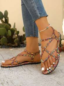 planare Sandalias planas de verano cómodas con estilo bohemio casual de mujer, con correas cruzadas tejidas de colores y estampado geométrico, puntera redonda, diseño slip-on para la playa