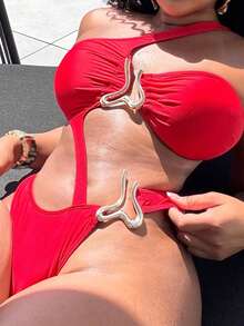 Alexandranx 1 件女士纯色金属装饰不对称镂空性感连体泳衣夏季 - 紅色 - 查看 5