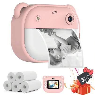 儿童相机即时打印，适合女孩的儿童相机，1080P 高清屏幕儿童数码相机，生日圣诞节儿童玩具礼物，适合 6-12 岁女孩的儿童自拍相机