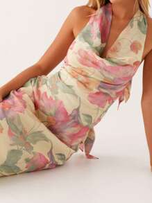 Halter Long Dress For Women Summer Fashionable Flower Print Backless V Neck Slim Fit Sleeveless Dress