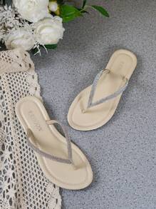 Women's Rhinestone Embellished Flip-Flop Flat Sandals, Multi-Color Sparkly Summer Promotion Hot Selling Casual Outdoor Beach Vacation Shoes, Oversized Size 44 Couples