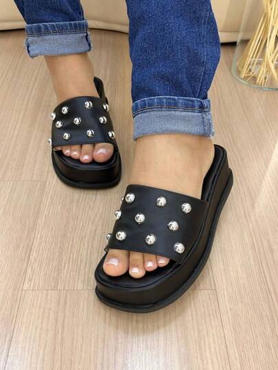 Sandalia Tamanco Feminino Aplique Esfera Metalizada Elegante Confortável Calce Fácil