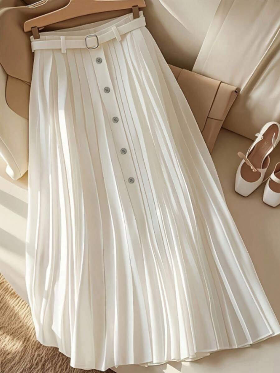 Women's Pleated A-Line Midi Skirt With Belt, Versatile For All Seasons - White - View 1