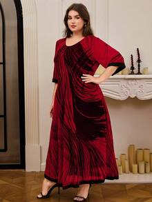 DEARCASE Đầm dáng rộng, cổ tròn, tay lửng 3/4, họa tiết kẻ sọc, viền tương phản, dáng thanh lịch cho mùa hè dành cho nữ. - Màu Đỏ Sâu - Xem 4