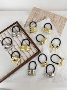 1/3/4/6pcs Set Solid Color Gold Metal Flower, Heart, Geometric Shape Hair Scrunchies, Elegant Vintage Glitter Elastic Hair Accessories For Party, Festival, Daily Outfit, Oval Design Suitable For Women (Small Scratches On Accessories Are Normal), Ponytail Holders, Hair Elastics, Hair Rubber Bands - Gold 6-piece Set - View 3