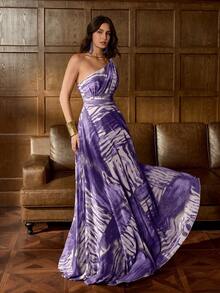 优雅的单肩剪裁雪纺晚礼服搭配 A 字裙——非常适合黑色领带晚宴、红毯盛典、豪华婚礼和艺术画廊活动 - 紫色 - 查看 5