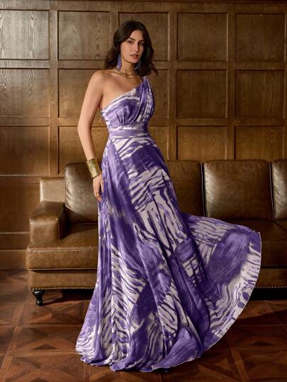 Vestido de noite elegante em chiffon com decote de um ombro só e saia evasê – perfeito para jantares de gala, galas no tapete vermelho, casamentos de luxo e eventos em galerias de arte