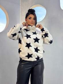 Women's Plush Blouse Coat Star Print Zipper Turtleneck Warm And Comfortable Fall Winter Fashion