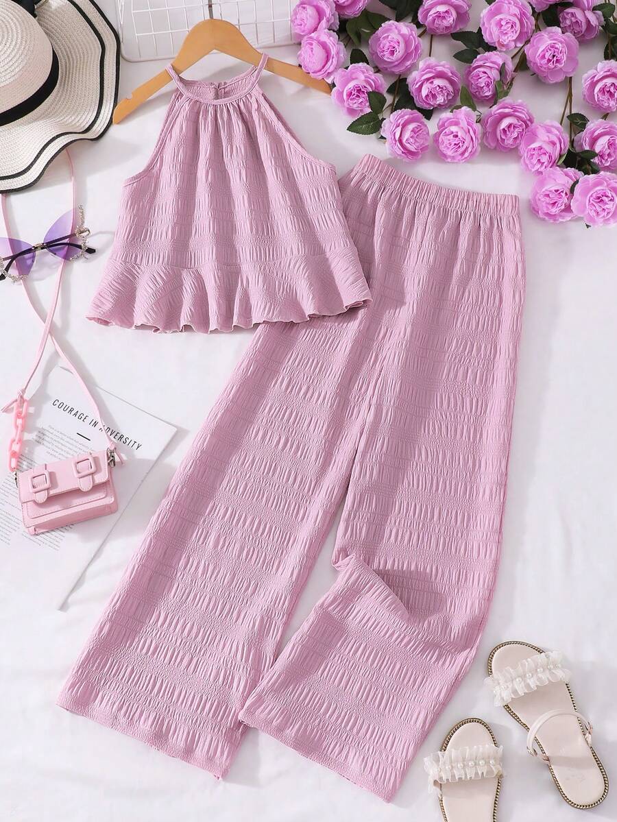 2pcs/Set Girls Casual Cute And Elegant Scoop Neck Sleeveless Top & Solid Color Long Pants Outfit, Spring/Summer - Pink - View 1