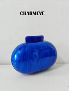 纯色迷你椭圆形亚克力晚宴包，经典设计，适合婚礼、宴会、派对礼服，蛋形链条手拿包 - 藍色 - 查看 3