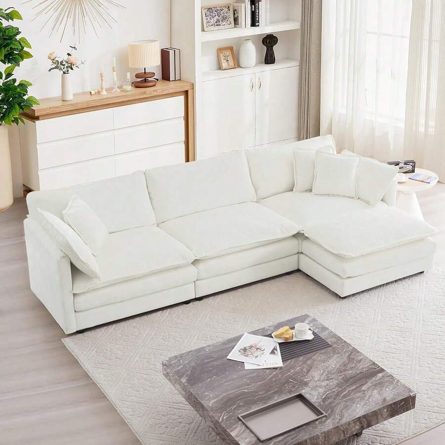 Modular Sectional Sofa, 111.5 Inch L Shaped Couch Set For Living Room, 3-Seater Comfy Cloud Couches With Movable Ottoman, DIY Combination, Chenille, Beige - 米色3人座+腳凳 - 查看 1