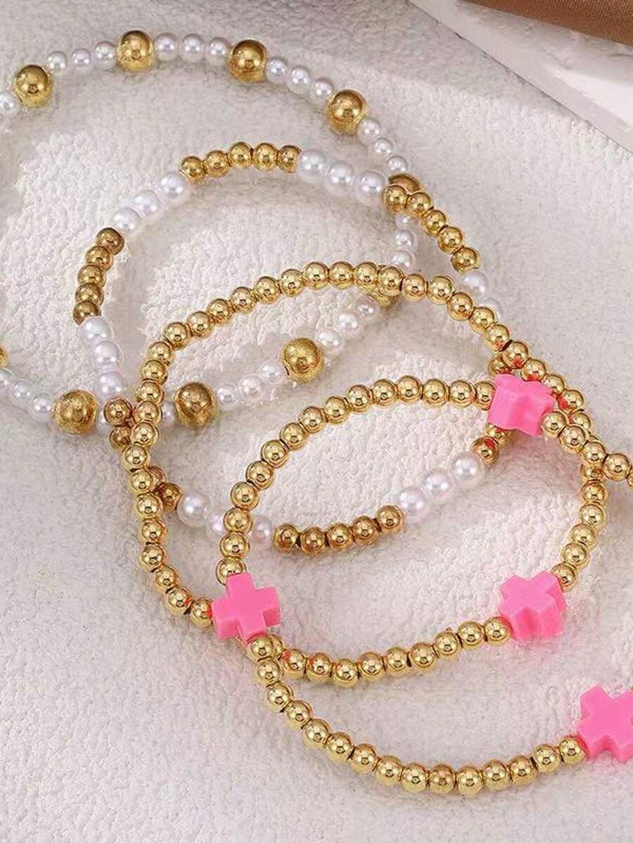 Pulseiras femininas de argila de polímero com contas empilháveis, 4 peças, pulseira elástica de contas boêmias fofas feitas à mão, presentes de amizade
