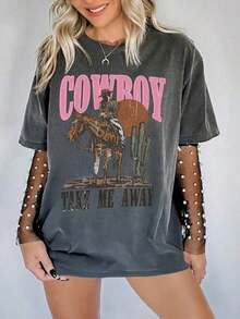 Camiseta deúsica country, camiseta country de los 90, camiseta de patrón occidental, camiseta de concierto deúsica country, camiseta occidental linda, camiseta para mujeres - Gris - Ver 3