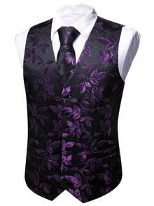 Men's Vest, Tie, Handkerchief, Cufflinks Set, Formal & Casual Wear For Wedding - Purple - View 2