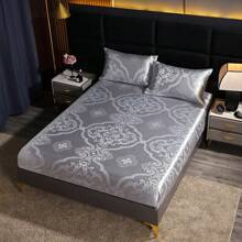 1pc European-Style Satin Grey Fitted Sheet With Floral Pattern – Soft, Comfortable Bedding For Bedrooms And Dorms, Deep Pockets (30-34cm), No Pillowcase Included, Satin Bed Sheets