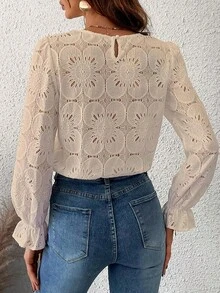 Women Eyelet Long Sleeve Tops Shirts Dressy Hollow Out Crochet Lace Embroidered Blouses 2025 Fashion