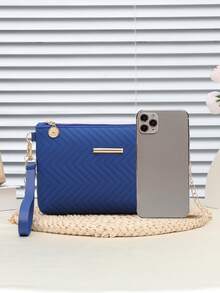 Túi xách cầm tay đeo vai màu trơn tối giản họa tiết gợn sóng xanh PU mini có dây đeo xích - Màu xanh lam - Xem 4