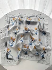 1 件 70*70 厘米方形围巾女式缎面印花包巾头带时尚女士发巾披肩女式围巾盖头 - 黃鬱金香 - 查看 2