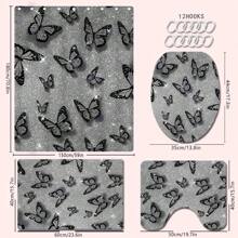1/4 Stück Grau & Schwarz Schmetterling Design Duschvorhang Set, wasserdichter Duschvorhang, Badezimmermatte, U-förmiger Toilettendeckel, dekorativ, modische Raumteiler, ohne Bohren, maschinenwaschbar Polyester Badezimmer Dekoration Herbst Dekoration Badezimmer Accessoires Schulanfang