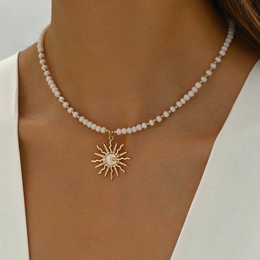 1pc Fashionable & Elegant Design Crystal Moon & Sun Pendant Necklace With Beaded Chain Decoration